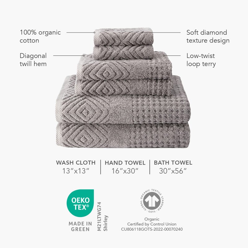 TexereSilk Texere 100% Organic Cotton Jacquard 650 GSM Premium Bath Towel Sets - Extra Absorbent Quick Dry and Plush, 2 Large Bath Towels, 2 Hand Towels, 2 Washcloths (Cable, Birch, 6 Piece) - Image 4